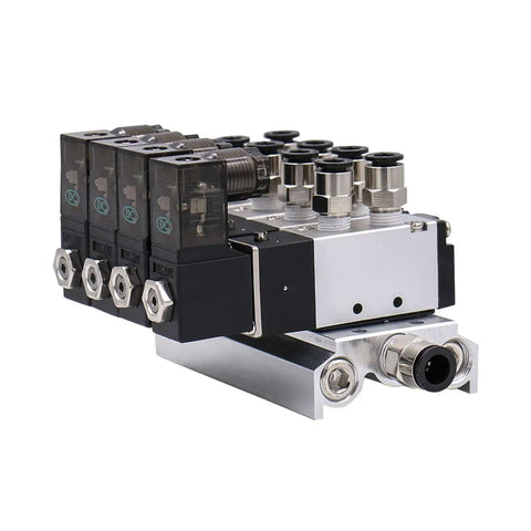Go-To Industrial Pneumatic Solenoid Valve 4V110-06 DC 24V, 2 Position 5 Way With Base Muffler, 6mm fittings, aluminum body, side view