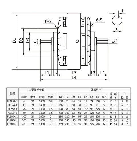 Diagram of Single Axis Magnetic Powder Brake And Dual Axis Clutch System With Hollow Core Tension Controller 0.6 To 40 Kg Torque Range Dual Axis 20 Kg Capacity Durable Alloy Powder Stable Torque For Precision Motion Control FL FZ PB PC, showing technical dimensions and specifications.