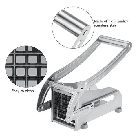 Stainless Steel Potato Cutter And French Fry Cutter Veg Slicer With 36 Hole And 64 Hole Blades Two Interchangeable Blades Non Slip Handles Dishwasher Safe Kitchen Tool For Vegetables And Fruits, showing details of metal construction and grid blades.