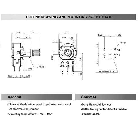Technical drawing of Eight Pack 100K Linear Taper Rotary Potentiometer With 15mm Knurled Shaft And Built In SPST Switch