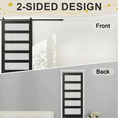 Black PVC Surface Solid Core Wood Frosted Glass Sliding Barn Door With Installation Hardware Kit 60 By 84 Inches 2-sided view