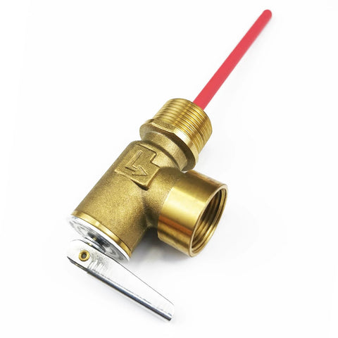 Brass temperature and pressure relief valve with red actuator stem, test lever, 3/4 in NPT connection
