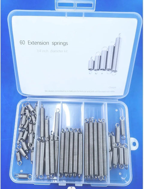 60-piece stainless steel extension springs kit in clear plastic case with hooked ends; 0.035 in wire, 1/4 in OD, 13/32-2-1/4 in lengths
