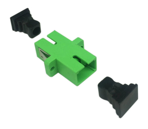 Green SC fiber optic adapter, female-to-female APC, panel-mount with two protective caps