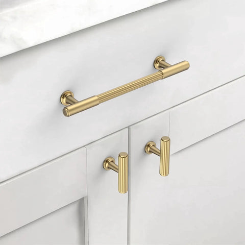 10 Pack Champagne Bronze Cabinet Pulls In 5 Inch 128mm for kitchen cabinets, shown installed on white cupboard.