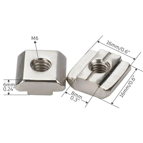 Two rectangular metal T-nuts with measurements, part of the Two Pack Mini Hold Down Clamps Kit For CNC Routers The Go To Choice For DIY Woodworking