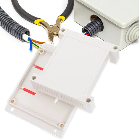 Weatherproof Outdoor Electrical Junction Box In Gray Flame Retardant ABS Plastic Industrial Enclosure open with wiring tools