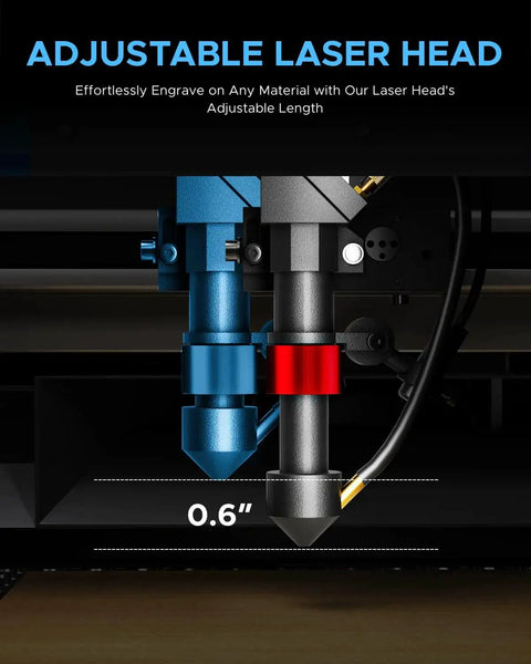 Adjustable laser head of Powerful 45W CO2 Laser Engraver For Home Use And Hobbyists shown at close-up, 0.6-inch measurement visible