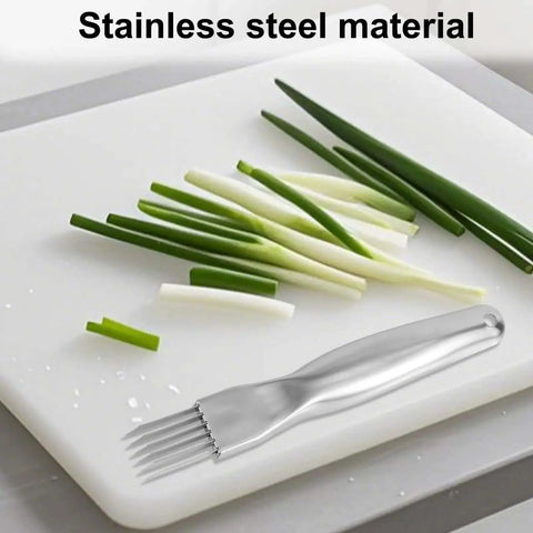 Green Onion Crinkle Cutter Stainless Steel Multi Blade Shredder Knife For Vegetables Scallions Onions Garlic And Chives Kitchen Slicer Tool Silver Must Have Easy To Use Dishwasher Safe on cutting board with green onions