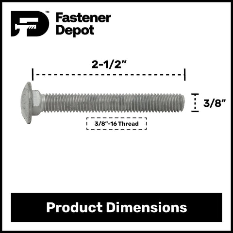 3/8-16 Inch Fully Threaded Carriage Bolt Kit For Exterior Use, Hot Dipped Galvanized, Commercial Grade 307A with dimensions shown