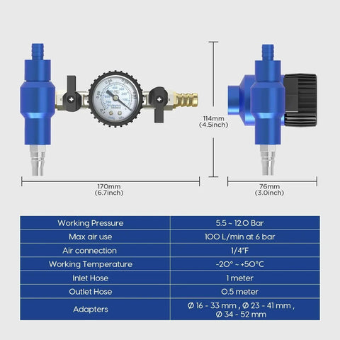 Diagram of Coolant Refill Kit For Car Cooling System With Pressure Gauge Tester And 3 Size Adapters Easy Leaks Detection Quick Coolant Change MR CARTOOL Compatible, showcasing dimensions and specifications.