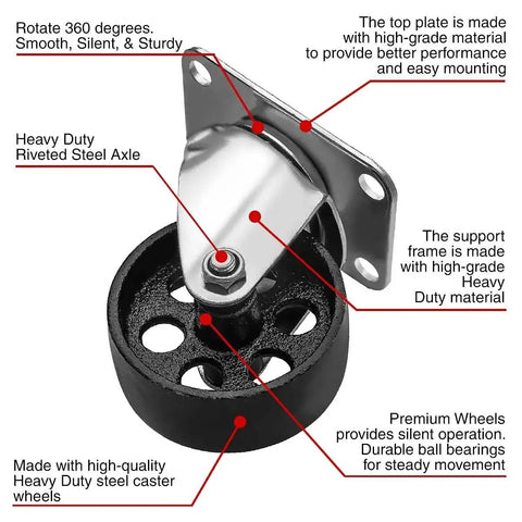 All Steel Swivel Plate Caster Wheels Set Heavy Duty High Gauge Iron Casters 1200 Lb Total Capacity with 3 Inch Wheel Diameter