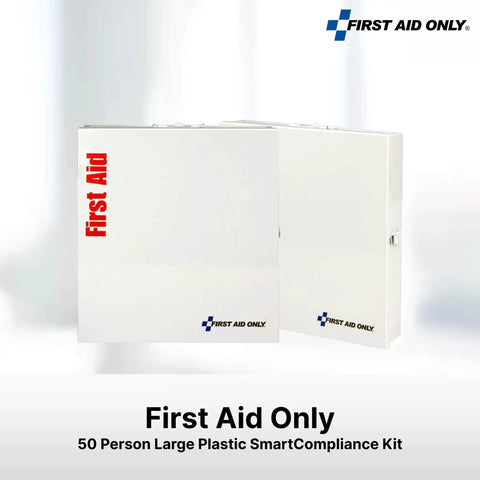 Heavy Duty 241 Piece First Aid Kit For 50 Plus People In Industrial And Office Settings With Large Metal Cabinet ANSI A Plus And OSHA Compliant SmartTab Refill System First Aid Only, front view of white kit
