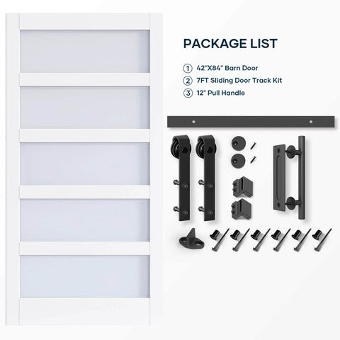 Glass Barn Door 42 By 84 Inches With 7 Feet Sliding Hardware Kit And Handle Solid Wood Core Covered In Waterproof PVC Surface 5 Panel Frosted Glass Easy Install DIY Friendly For 38 To 40 Inch Wide Openings shown with track and handle components.