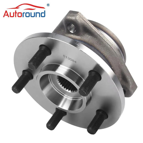 Front view of single 5-lug front wheel hub and bearing assembly for Jeep Wrangler Grand Cherokee TJ Comanche Wagoneer 1989 through 1999.
