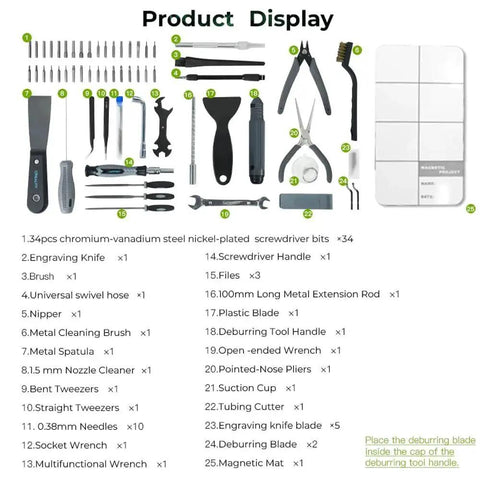 Ultimate 74 Piece 3D Printer Tools Kit For Disassembly Assembly Finishing Filament Cutting And Nozzle Cleaning For All FDM Printers Creality Compatible, displayed with various tools including screwdrivers, pliers, and spatulas.