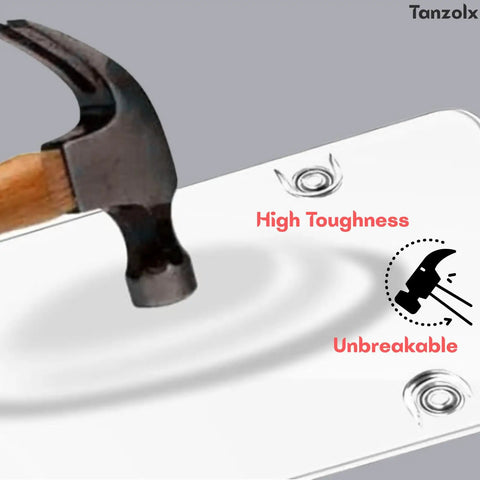 Close-up of a hammer striking a Two Pack Clear License Plate Covers Unbreakable Bubble Shield for US and Canada Cars.