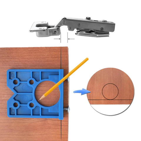 Concealed Hinge Jig 35mm Drilling Guide For Frameless Cabinets And Wardrobes with pencil marking, blue tool on wood surface.