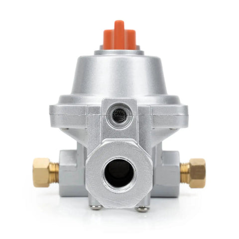 Front view of Two Stage Auto Changeover Propane Regulator for RVs and Trailers, featuring dual brass connectors, with an auto switch.