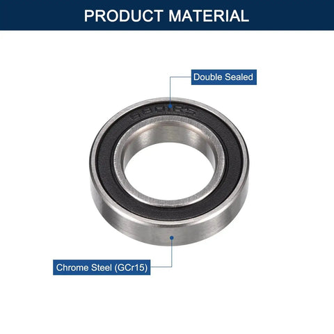 Single Deep Groove Ball Bearing 12x21x5 mm 6801-2RS, chrome steel with double rubber seals, product shot.