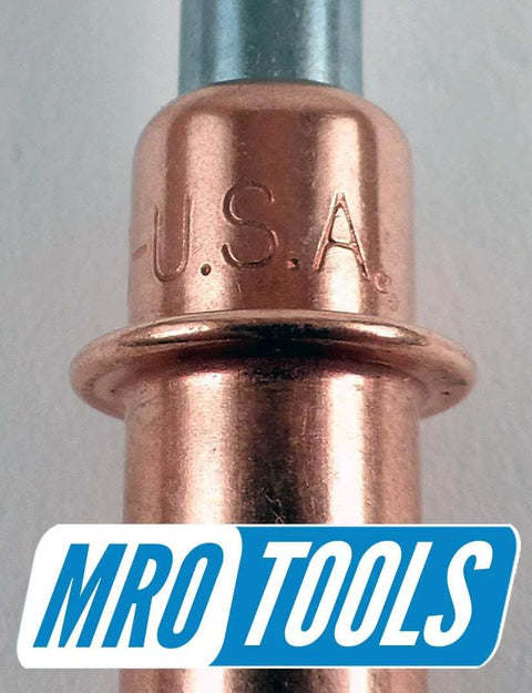 Close-up of copper fastener with 'USA' engraved, part of 50 Count One Eighth Inch Cleco Sheet Metal Fasteners With Pliers And Carry Bag For Auto Body Repair, Copper Finish, Made In USA, Temporary Fasteners For Quick Hold Downs And Fab Projects.