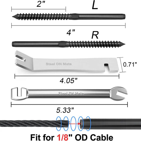 Black T316 Stainless Steel Cable Railing Kit With 20 Swage Lag Screws Left And Right Hand Thread For Wood Posts One Eighth Inch Cable Deck And Stair Railing DIY Baluster Kit Wrench Included, showing screws, wrenches, and cable.