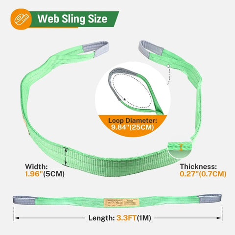Two green polyester lifting slings with flat eye-to-eye ends, 3.3 ft long, 1.96 in wide