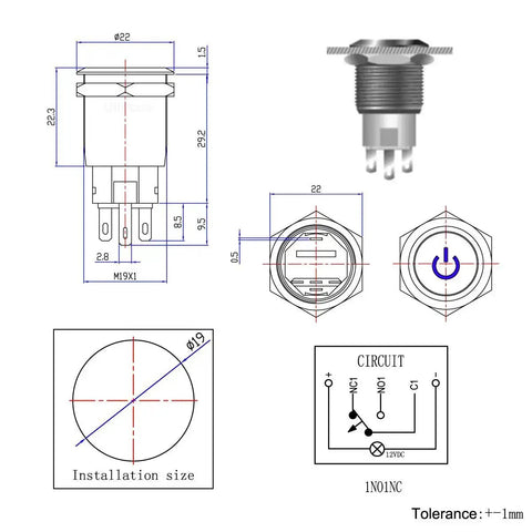 Technical drawing of Latching Pushbutton Switch U19C1 1NO1NC SPDT On Off Metal Shell With Blue LED for 19mm mounting hole and circuit layout.