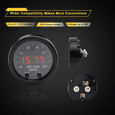 Wideband Air Fuel Ratio Gauge 52mm With LSU 4.9 Sensor AFR Lambda Controller Kit showing red LED display and gauge details