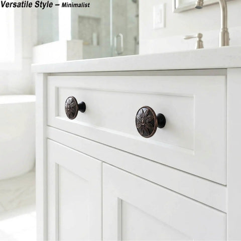 Oil Rubbed Bronze Round Cabinet Knobs 12 Pack 1.4 Inch Diameter Zinc Alloy Hardware For Cabinets Drawers Dressers Kitchen And Bathroom Antique Bronze Finish Durable No Fade Rust installed on white cabinet