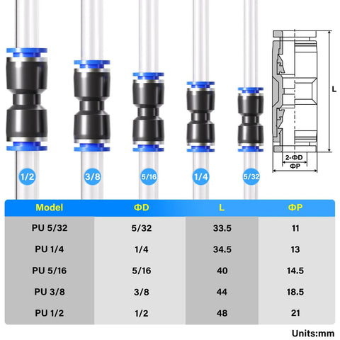 Tailonz pneumatic straight push-fit connectors, 50 pcs, plastic air-line fittings with blue rings for 5/32–1/2 in tubes (2‑way).