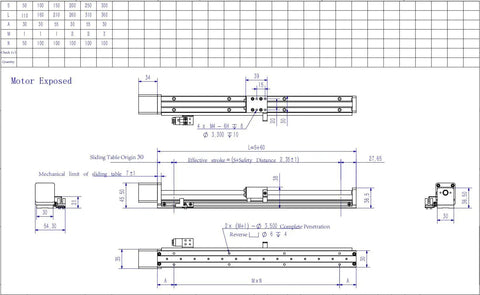 Technical blueprint of Compact Linear Stage Actuator 150mm Travel CNC Slide Guide with Stainless Steel Construction Motorized Nema 14 Stepper