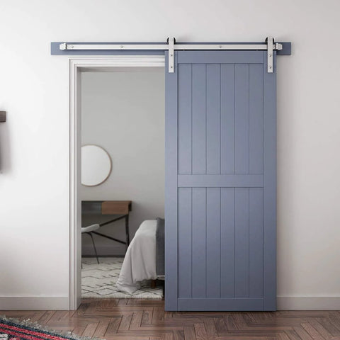 Six Feet Brushed Nickel Sliding Barn Door Hardware Kit For 36 Inch Door With Smooth Quiet Track System installed on a blue door