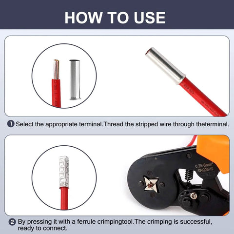 Step-by-step use of 300 Piece Wire Ferrules Kit For 16 To 2/0 AWG Cables Non Insulated Pure Copper Crimp Connectors shown.
