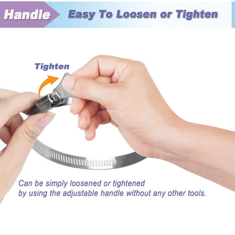 Suprom 1-1/2 inch stainless steel hose clamp being tightened by hands; adjustable 1-2 inch diameter.