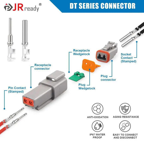 Diagram of 12 Pin DT Connector Kit for Trucks, Motorcycles, Off Road, Marine, and Extreme Sports with waterproof Deutsch DT plugs.