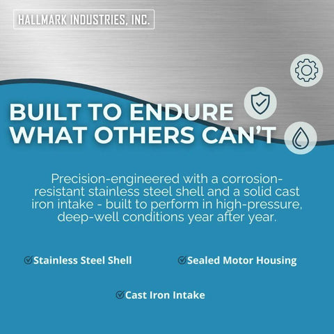 Deep-well pump banner by Hallmark Industries; features stainless steel shell, sealed motor housing, cast iron intake.