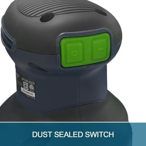 Close-up of powerful 3 amp random orbital palm sander with variable speed dust sealed switch