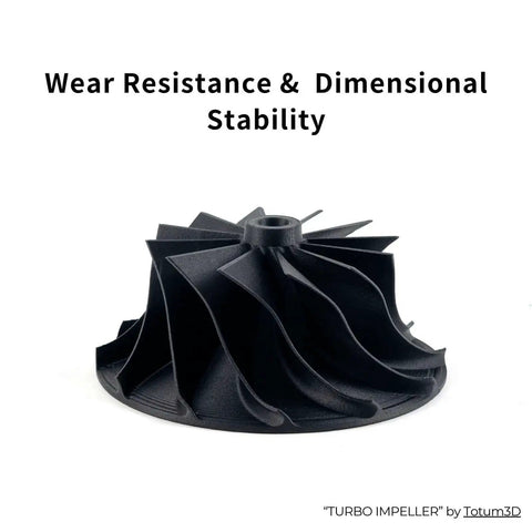 Black turbine impeller printed with Fibreheart PPA-CF Carbon Fiber Nylon 3D Filament for heavy-duty strength and heat resistance.