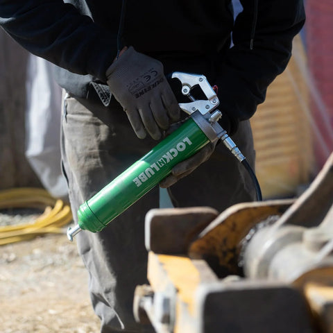LockNLube heavy-duty pistol grip grease gun with green body, 20-inch hose and inline swivel