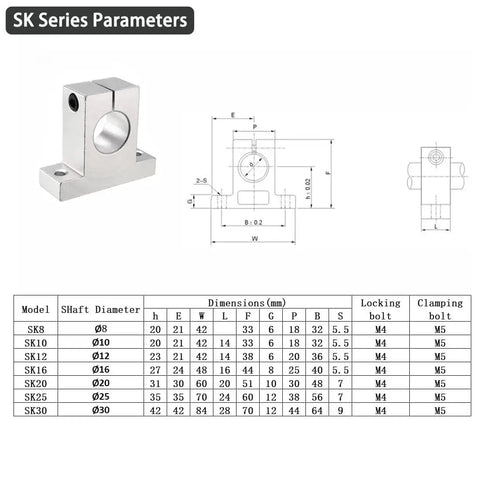 Technical diagram of Aluminum Linear Rod Rail Shaft Support Guide Kit for 10mm Shaft, SK10, 4 Pack, with dimensions and parameters.