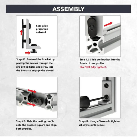 Assembly instructions for 10 Series Aluminum 90 Degree Inside Corner Bracket with three 0.281 inch holes for T Slot extrusion projects.