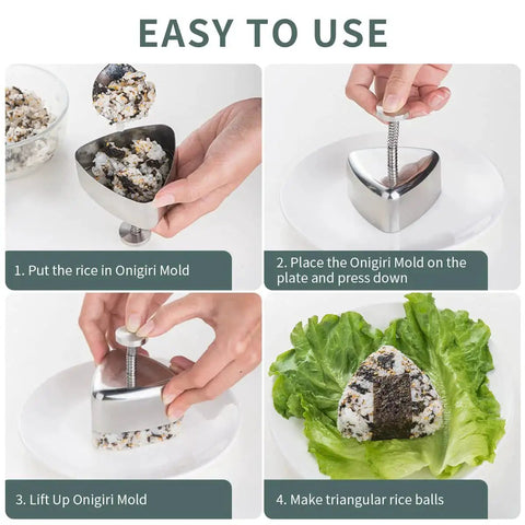 Choxila stainless steel triangular onigiri mold shown in a four-panel step-by-step collage for making rice balls.