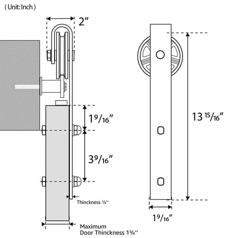 Diagram of sliding barn door hangers 2 pack in black big wheel design heavy duty built to haul 170 lb capacity with dimensions