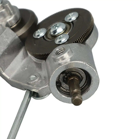 Close-up of Drill Plate Cutter Attachment For Metal Shears With Beefed Up Pro Grade Wear Blade showing gear mechanism.