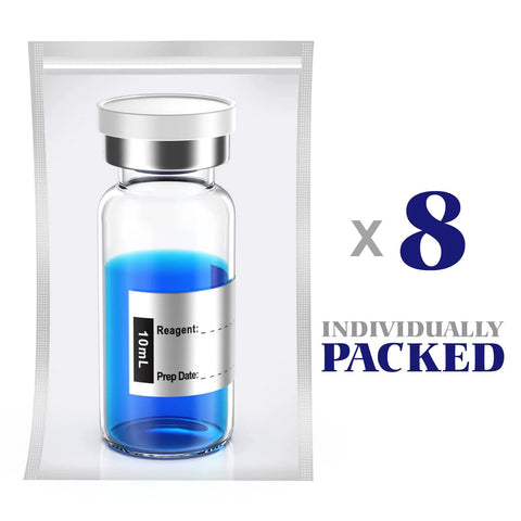 Biomed Solutions empty sterile vial with butyl stopper and flip-top closure; Type 1 borosilicate glass, 10 mL, 8-pack.