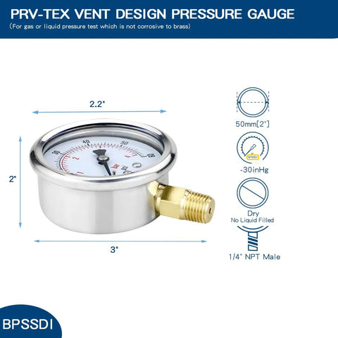 BPSSDI vacuum pressure gauge, 2.5 in dial, stainless steel case, 1/4 in NPT lower mount