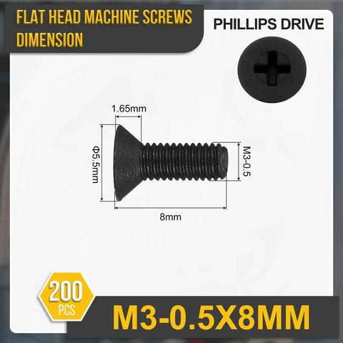Diagram of Flat Head Nylon Machine Screws M3 0.5x8, black, Phillips drive, showing dimensions, 200 pieces, for electronics and machinery.