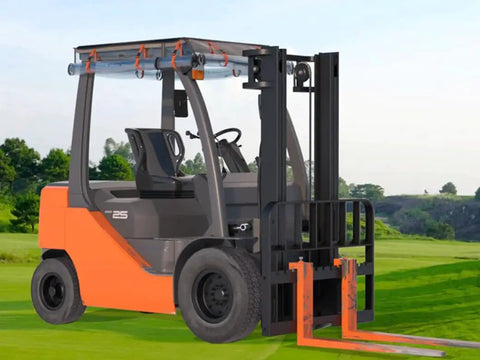 Side view of a forklift with Universal Forklift Rain Cover Up To 6000lb Waterproof Rollable Clear EVA Shield installed on cab.