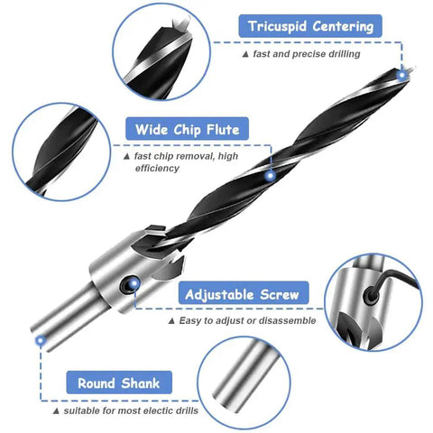 7 Piece HSS Countersink Drill Bit Set For Woodworking And Diy Pros, With 3mm 4mm 5mm 6mm 7mm 8mm 10mm Sizes, High Speed Steel Countersink Bits